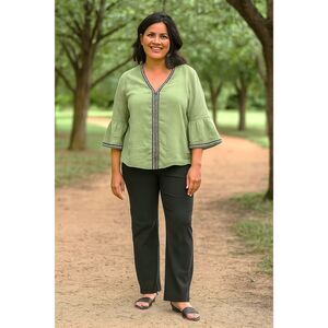 Casual Boho Woman's Top Olive Green Bell Sleeves Guitar Strap Ribbon Trim Sz. L